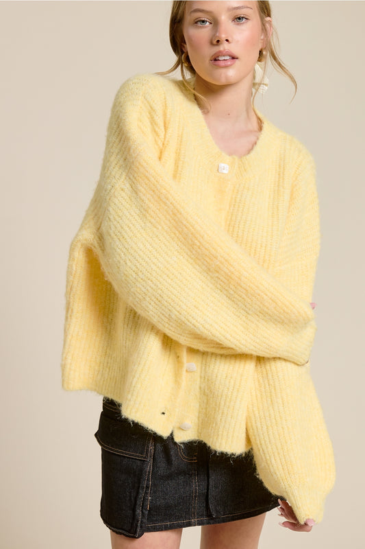 Balloon Sleeve Knit Cardigan in Butter