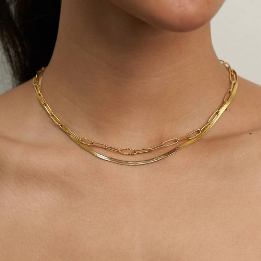 Waterproof Gold Herringbone Layered Necklace