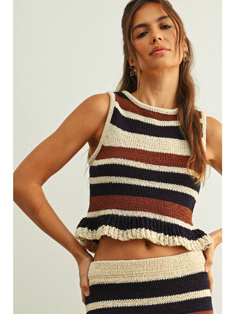 Color Block Knit Top with Ruffle Hem
