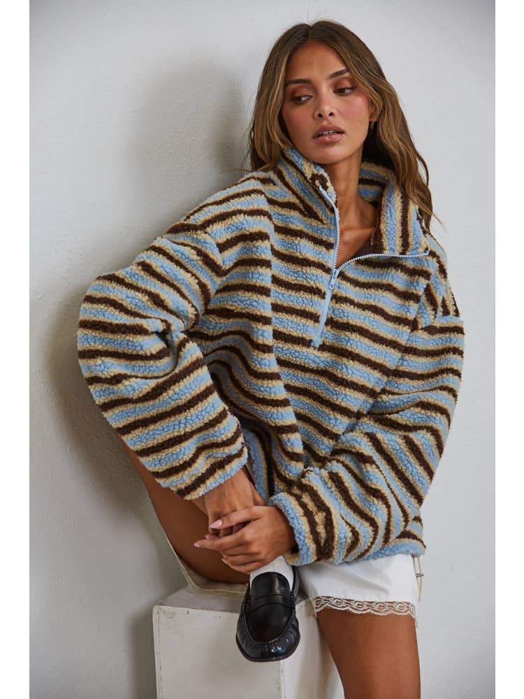 Relaxed Sherpa Striped Half Zip Pullover