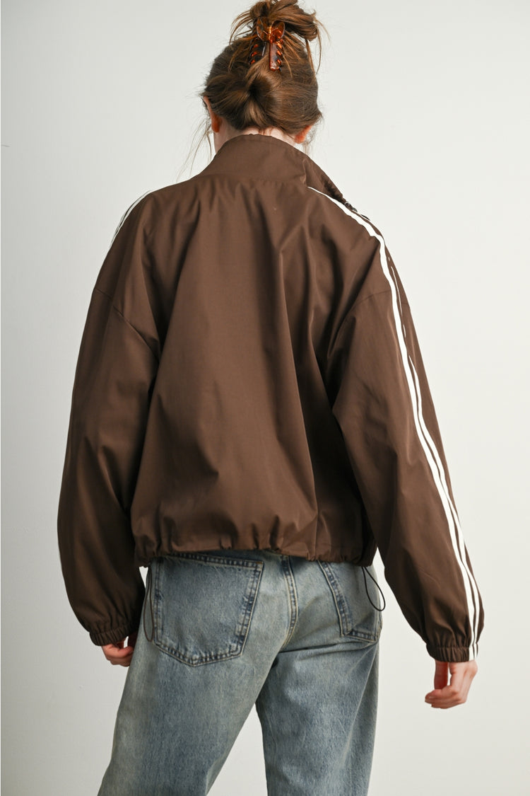 Striped Windbreaker Jacket with Drawstring Collar