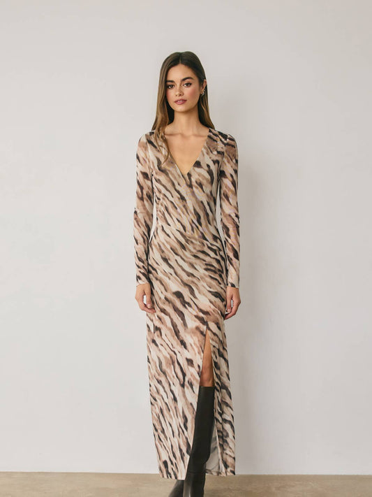 Animal Mesh Plunging Maxi Dress
