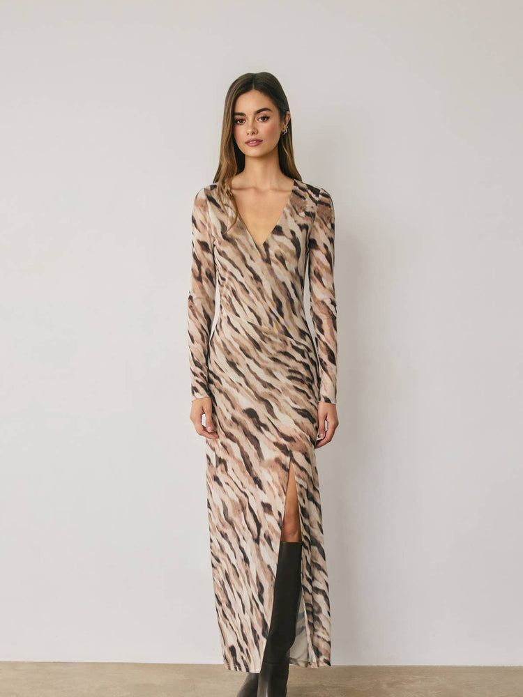 Animal Mesh Plunging Maxi Dress