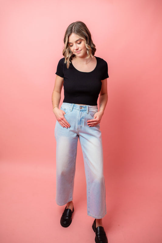 Adjustable Waist Crop Denim Pants