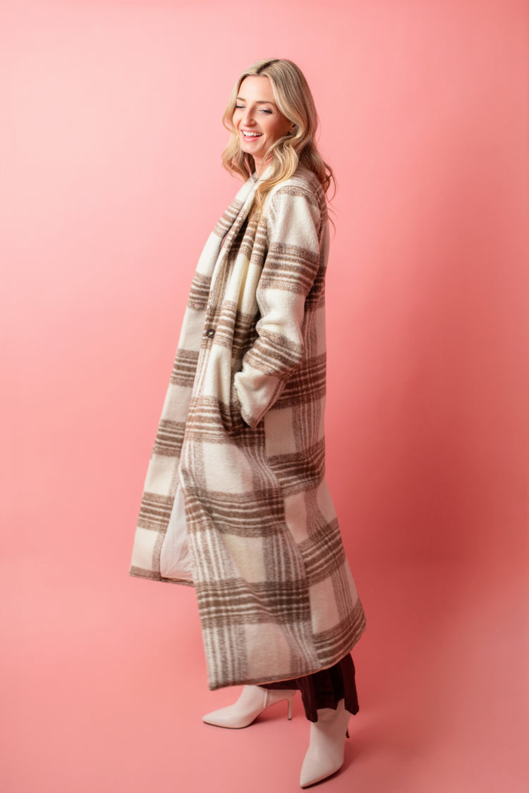 Zella Plaid Buttoned Long Coat