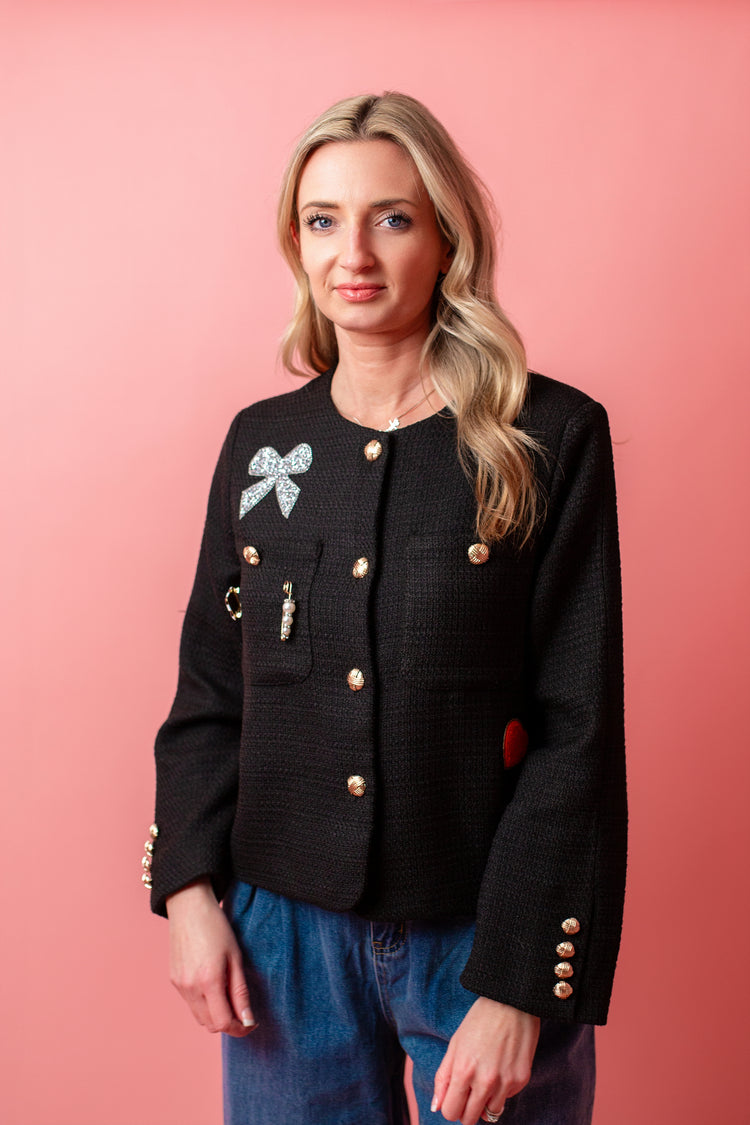 Tweed Jacket with Rhinestones and Patches