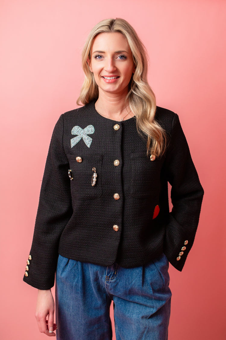 Tweed Jacket with Rhinestones and Patches