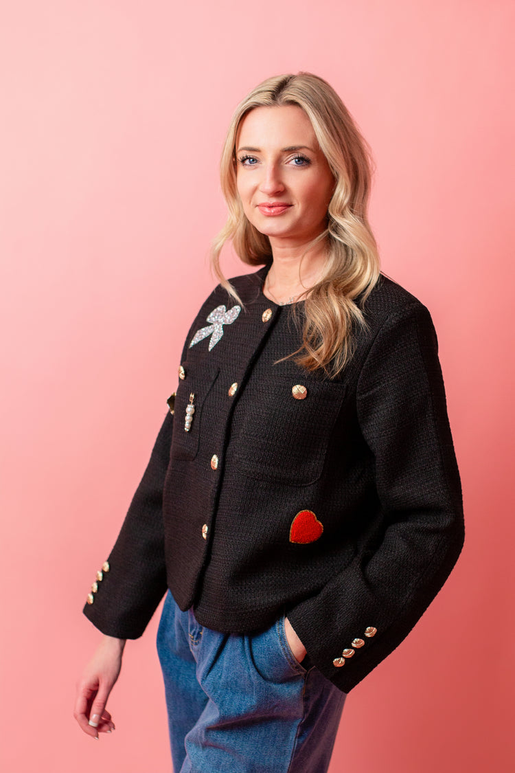 Tweed Jacket with Rhinestones and Patches