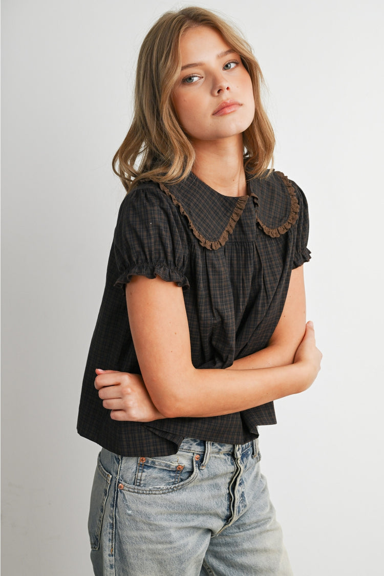Plaid Peter Pan Collar Puff Sleeve Blouse