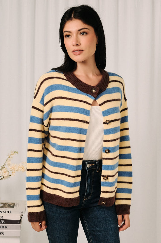 Striped Button Down Long Sleeve Knit Sweater Cardigan