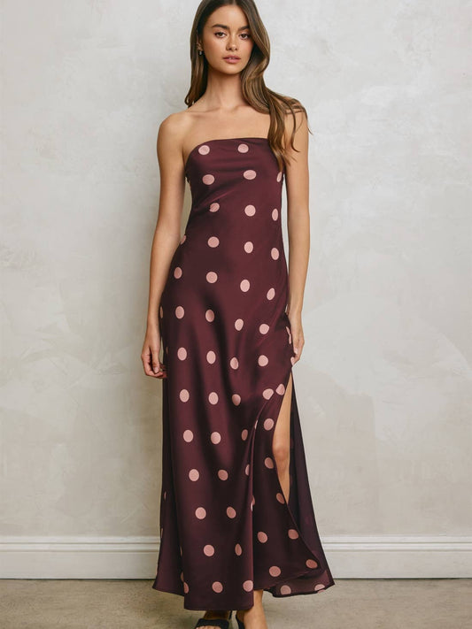 Polka Dot Satin Strapless Maxi Dress