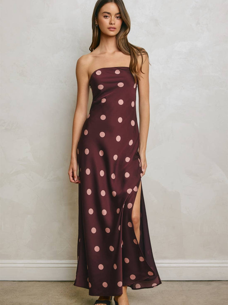 Polka Dot Satin Strapless Maxi Dress