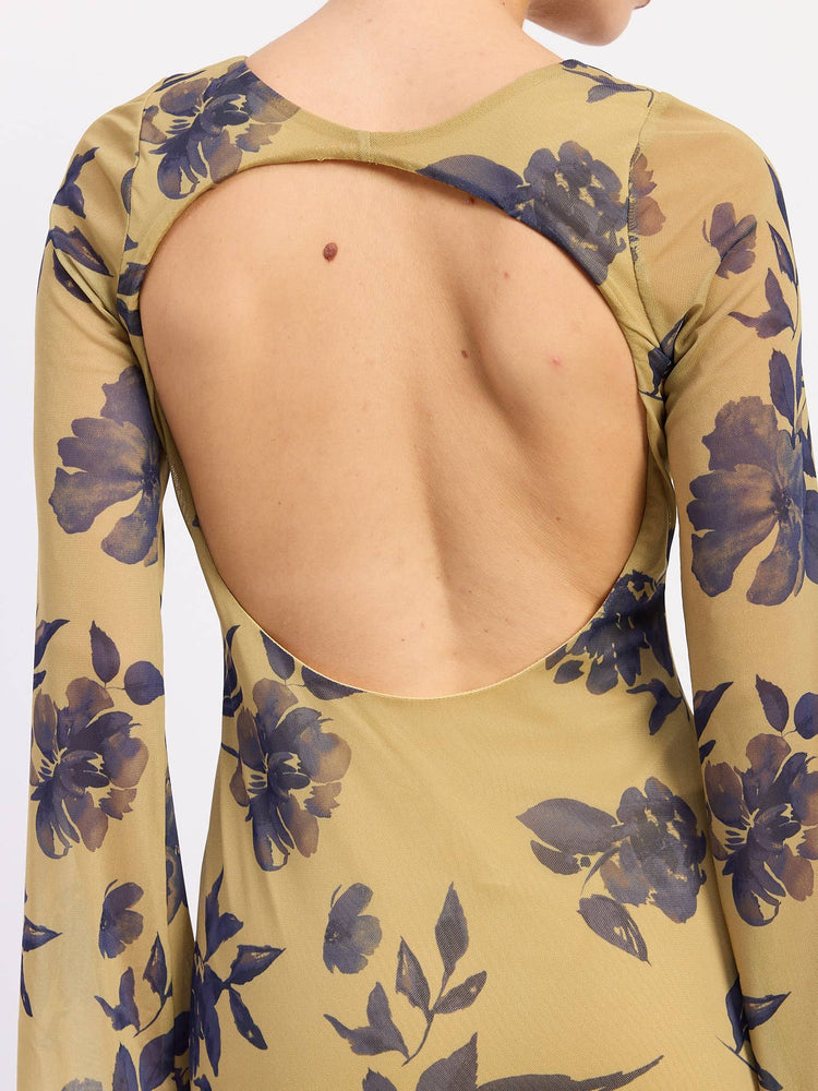 Long Sleeve Floral Print Maxi Mesh Dress with Open Back