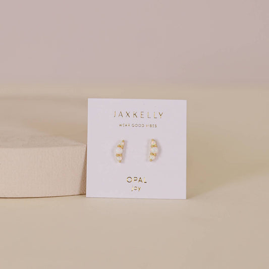 JaxKelly Crescent Gold Earrings - White Opal