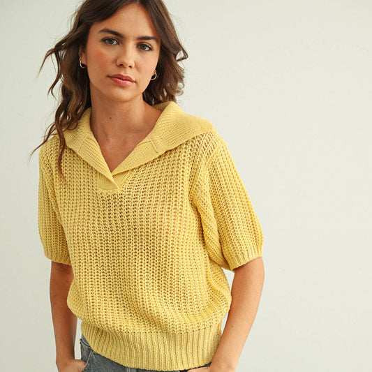 Collared Short Sleeve Knitted Top in Butter