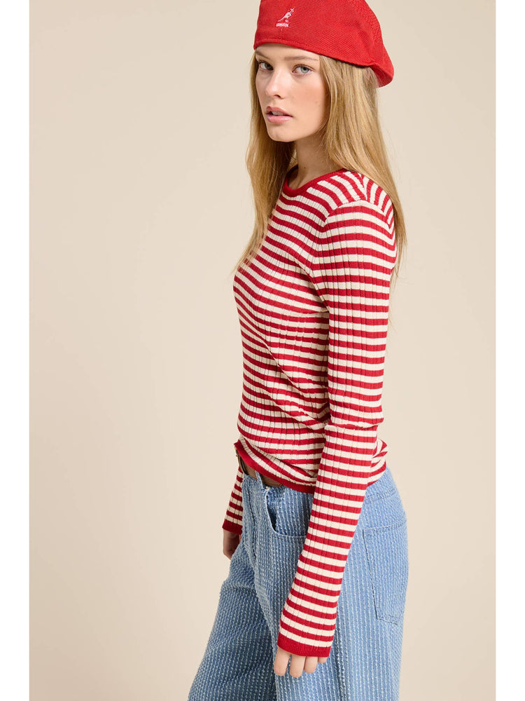 Ribbed Knit Striped Long Sleeve Top