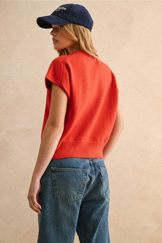 Loose Fit Short Sleeve Sweater Top in Red