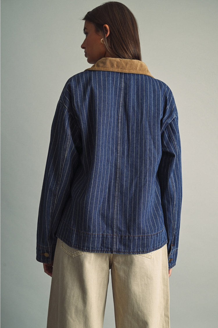 Striped Pattern Indigo Denim Barn Jacket