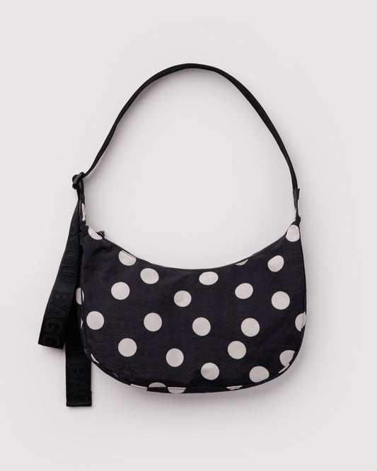 Baggu Medium Nylon Crescent Bag in Black and Cream Polka Dot
