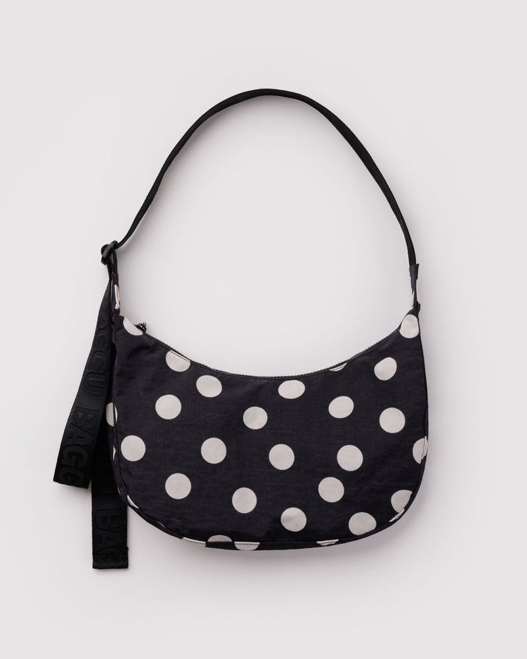 PREORDER Baggu Medium Nylon Crescent Bag in Black and Cream Polka Dot
