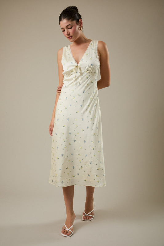 V-Neck Ditzy Floral Print Midi Dress