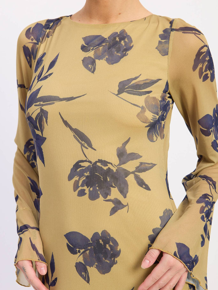 Long Sleeve Floral Print Maxi Mesh Dress with Open Back