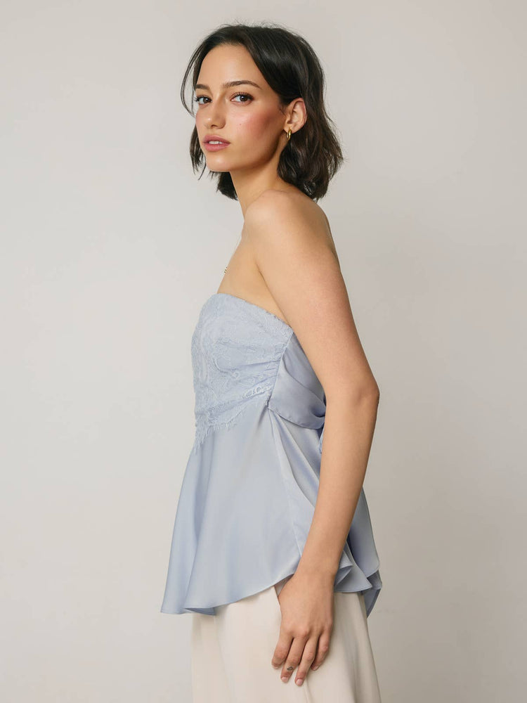 Satin Lace Strapless Flared Top in Powder Blue
