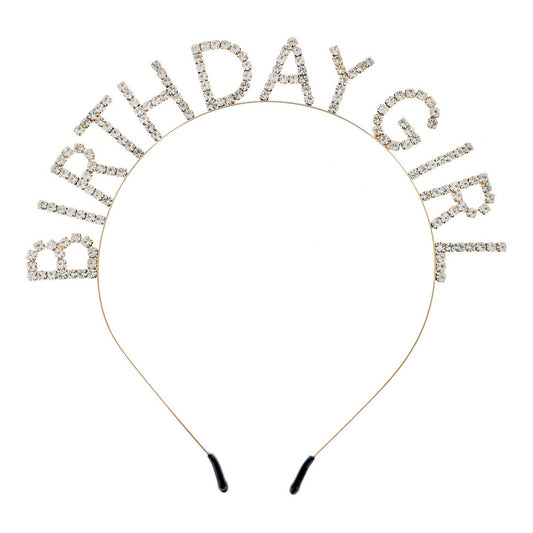 Rhinestone Birthday Girl Text Headband in Gold/Clear