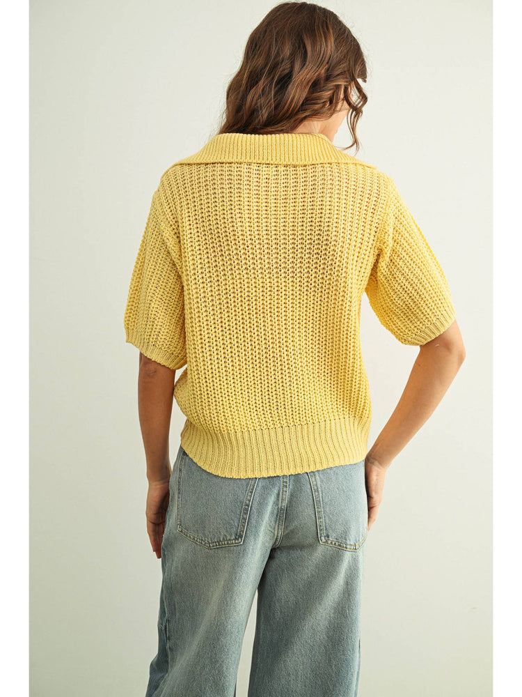 Collared Short Sleeve Knitted Top in Butter