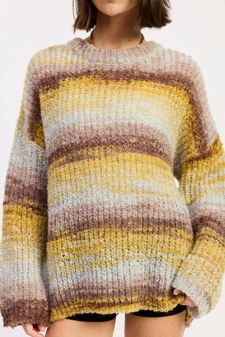 Brown and Yellow Mix Oversized Knit Striped Sweater