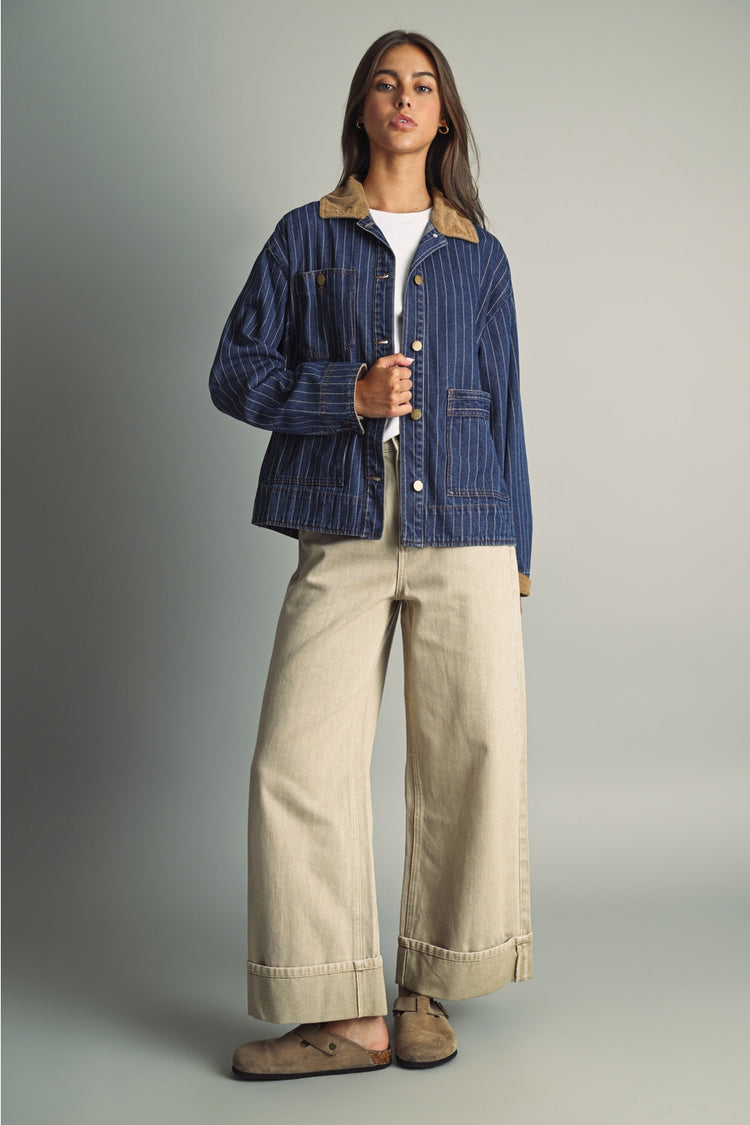 Striped Pattern Indigo Denim Barn Jacket