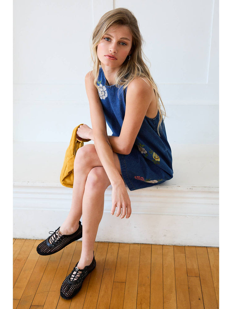 Floral Embroidered Denim Sleeveless Dress