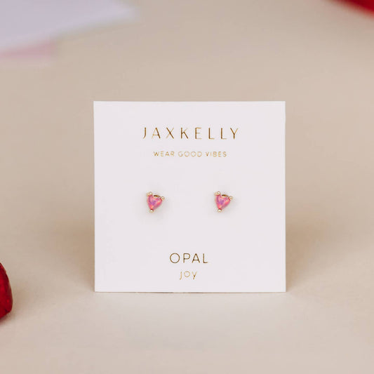 Tiny Pink Opal Heart Gold Earrings