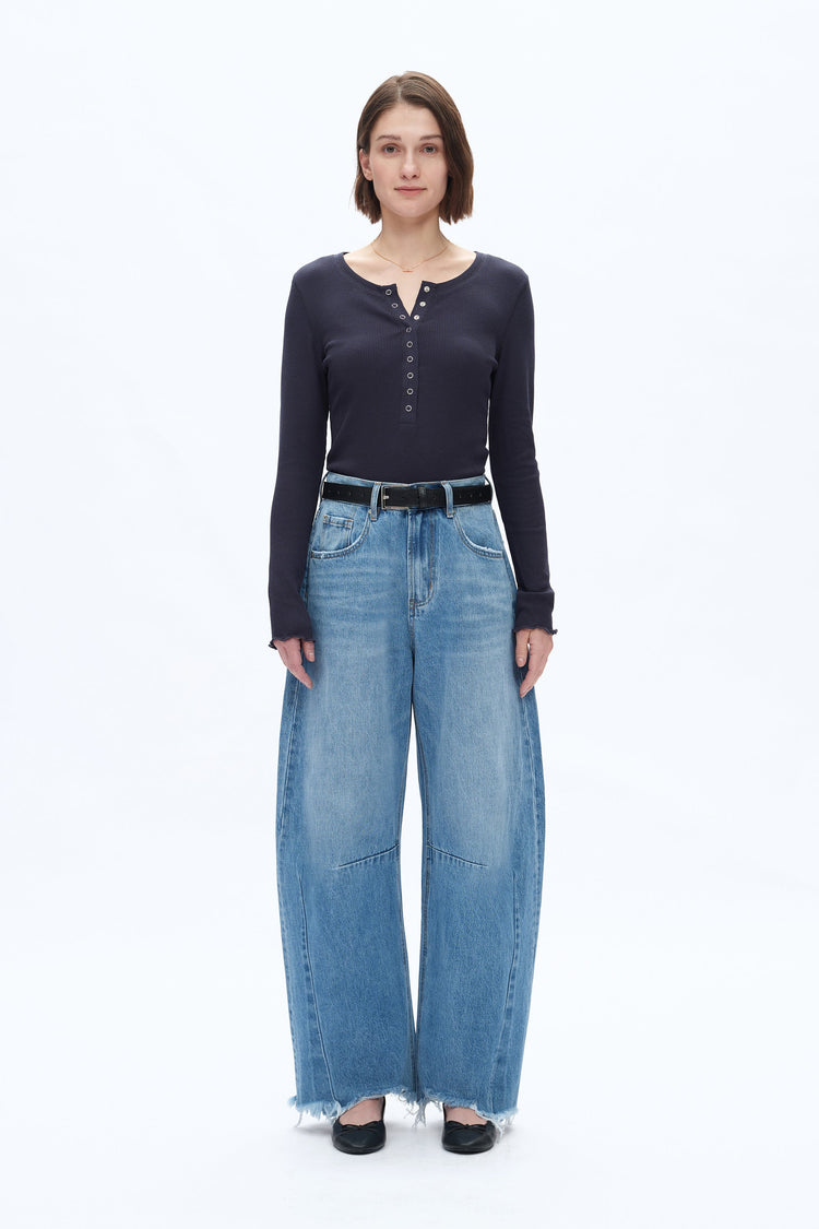 Frayed Hems Drop Crotch Barrel Jeans