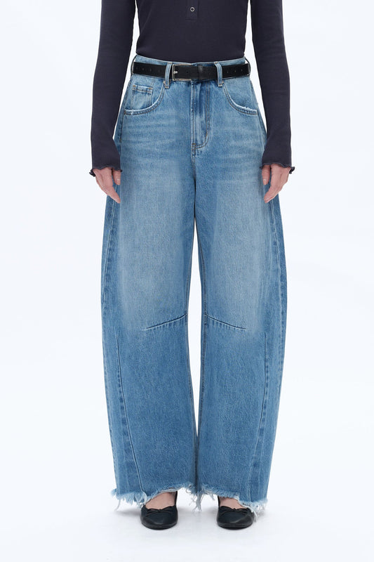 Frayed Hems Drop Crotch Barrel Jeans