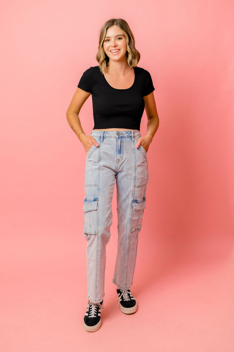 High Rise Straight Cargo Jeans