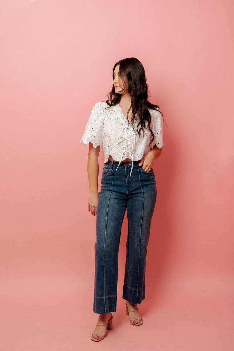 Pleated Detail Wide Leg Jeans