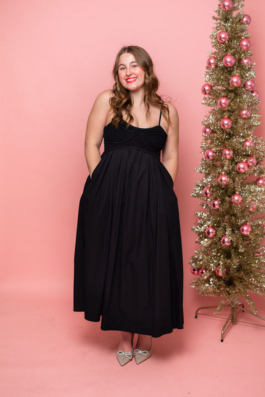 Minna Poplin Smocked Black Midi Dress