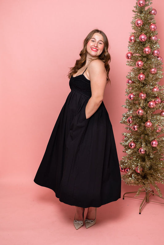 Minna Poplin Smocked Black Midi Dress