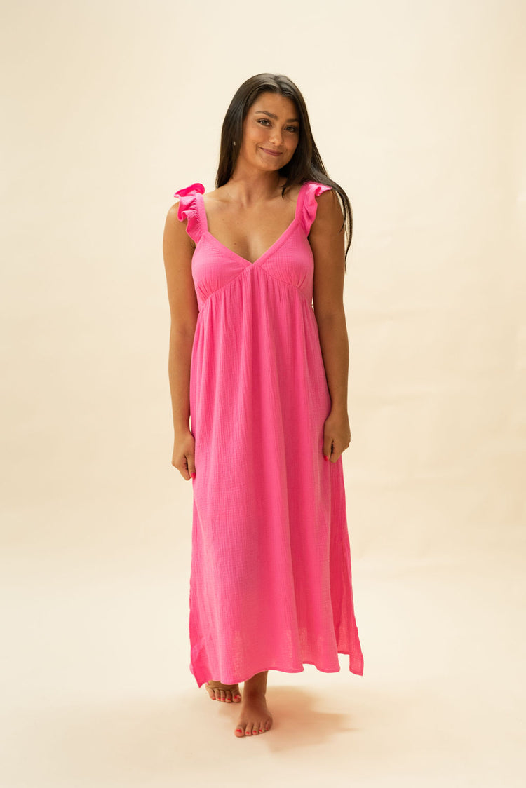 Pink V-Neck Side Slit Dress