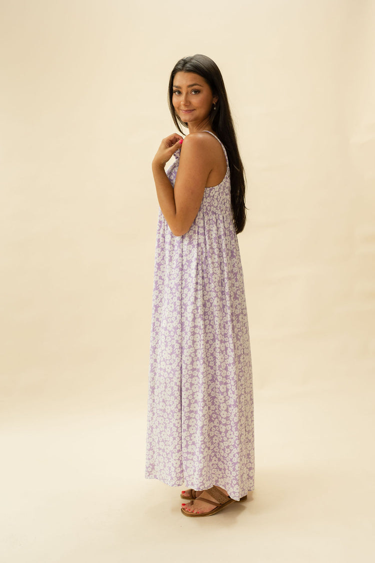Flower Print Tie Shoulder Sun Dress in Lavender