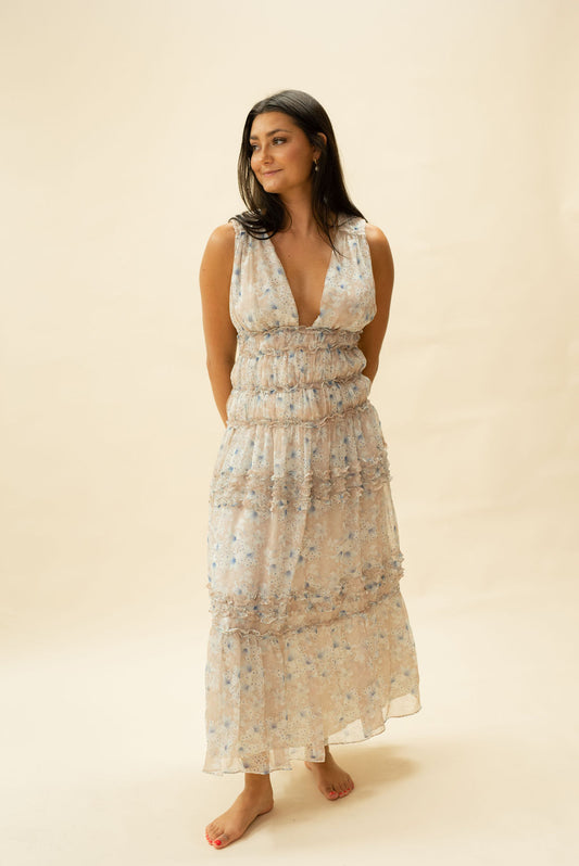Lily Print Eyelet Ruffle Midi Dress in Beige Blue Floral