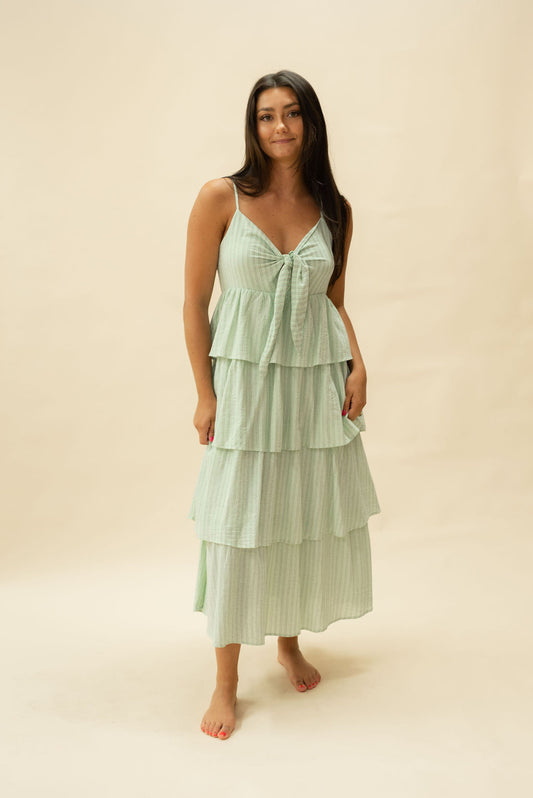 Pinstripe Front Tie Tiered Maxi Dress in Mint