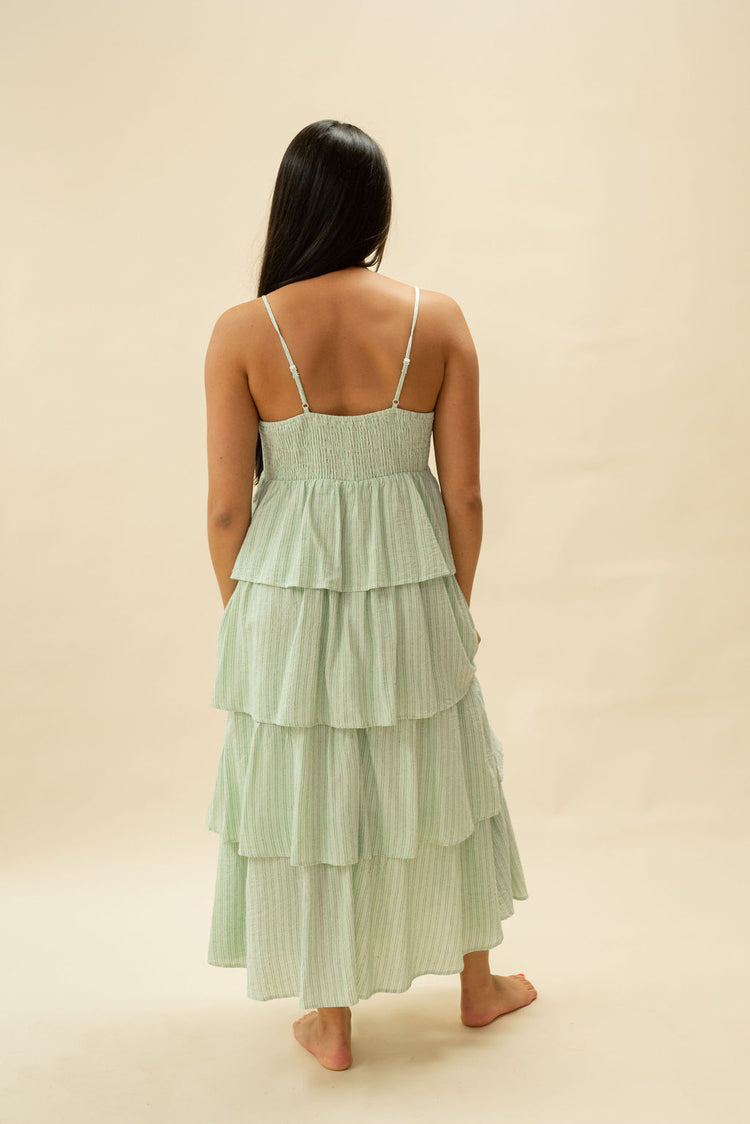 Pinstripe Front Tie Tiered Maxi Dress in Mint