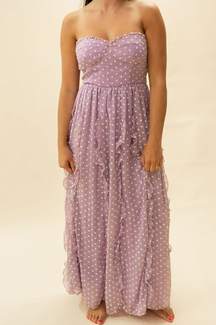 Tiny Embroidered Daisies Ruffled Maxi Dress in Purple