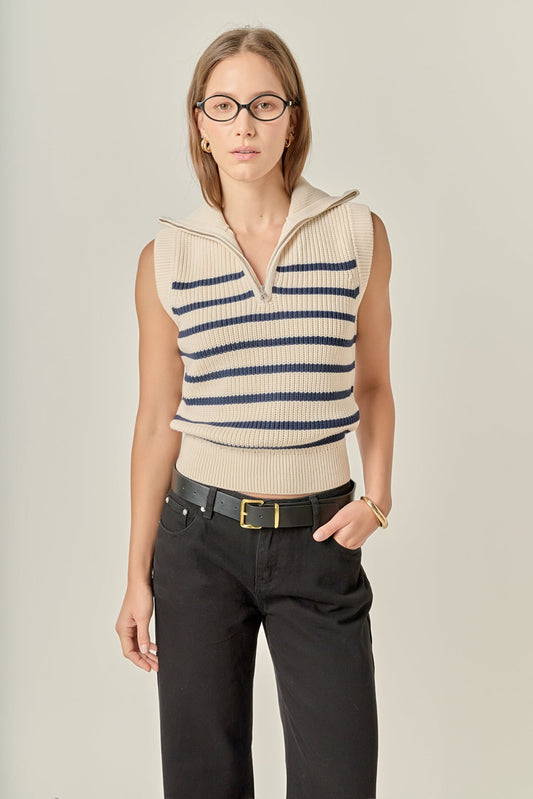 Stripe Half Zip Up Sleeveless Sweater Top