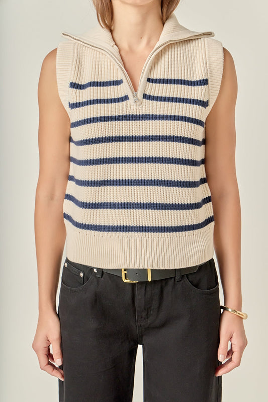 Stripe Half Zip Up Sleeveless Sweater Top