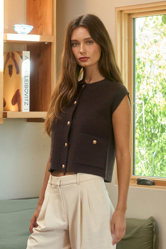 Sleeveless Knit Button Up Sweater Vest