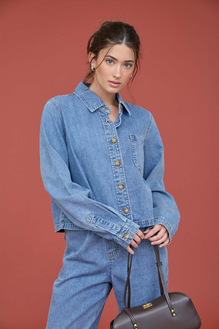 Long Sleeve Boxy Denim Cropped Blouse
