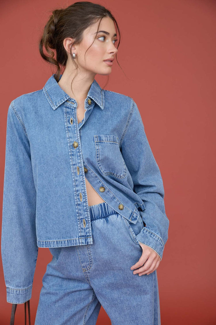 Long Sleeve Boxy Denim Cropped Blouse